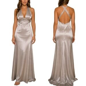 Vera Wang Maids Silver Satin V-Neck Open Back Maxi Gown Dress Size 6 Champagne
